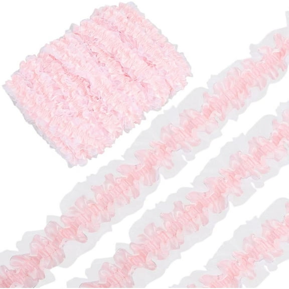 10 Yards Pleated Lace Trim Pink 1.5" Wide Embroidery Ruffle Chiffon Edge Trim Ribbon Gathered Mesh Tulle Fabric Applique Edging Trimmings for Sewing