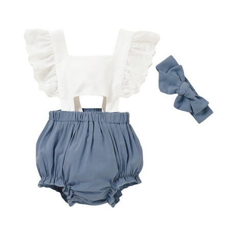 

Canrulo Toddler Baby Girl Ruffle Sleeve Backless Bowknot Romper+Headband Outfits Summer 2Pcs Clothes Blue 6-12 Months