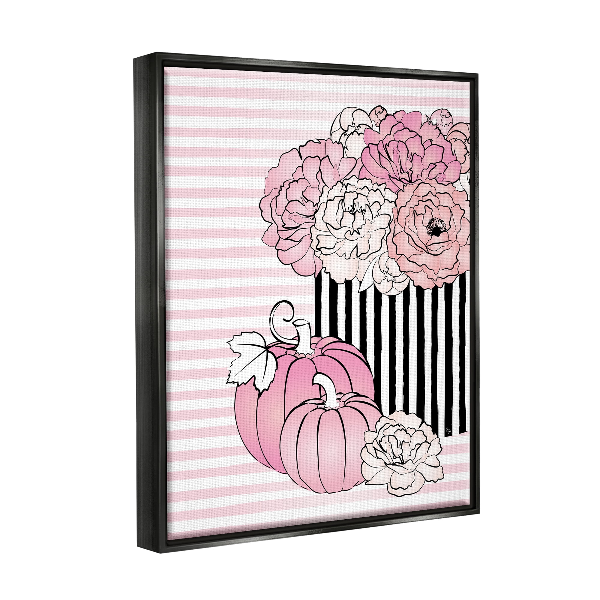 Stupell Industries Pink Florals & Pumpkins Botanical & Floral Painting Black Floater Framed Canvas Art Print Wall Art, 17 x 21