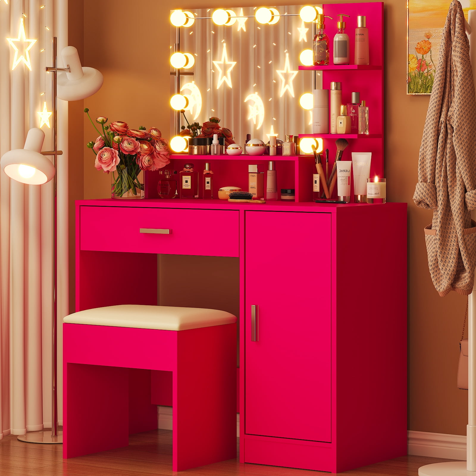 Ktaxon Vanity Set with 3 Color Lighted Mirror, Makeup Table with 3 Storage Shelves & Drawers, Dressing Table Makeup Desk with Stool,Hot Pink
