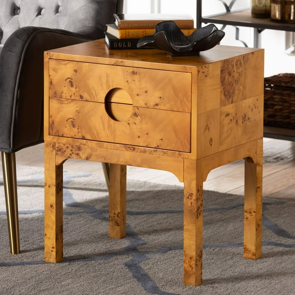 bali & pari Kayla Modern Nightstand, 2-Drawer, Light Mappa Burl