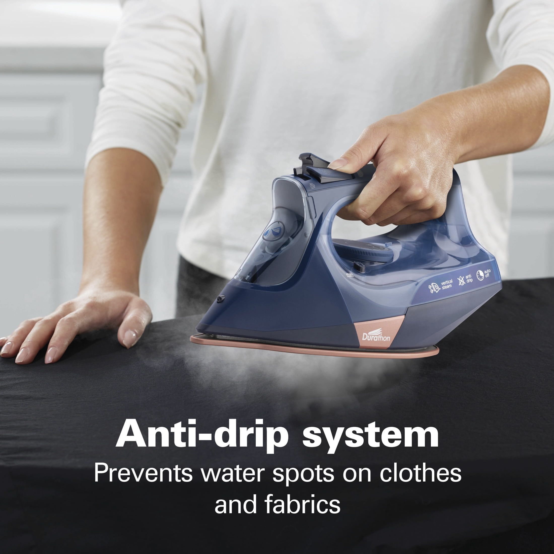 Hamilton Beach Durathon Steam Iron for Clothes with Nonstick Soleplate, Over 400 steam holes, Auto Shut-Off, Anti-Drip, Extra long cord, 1500W, Navy