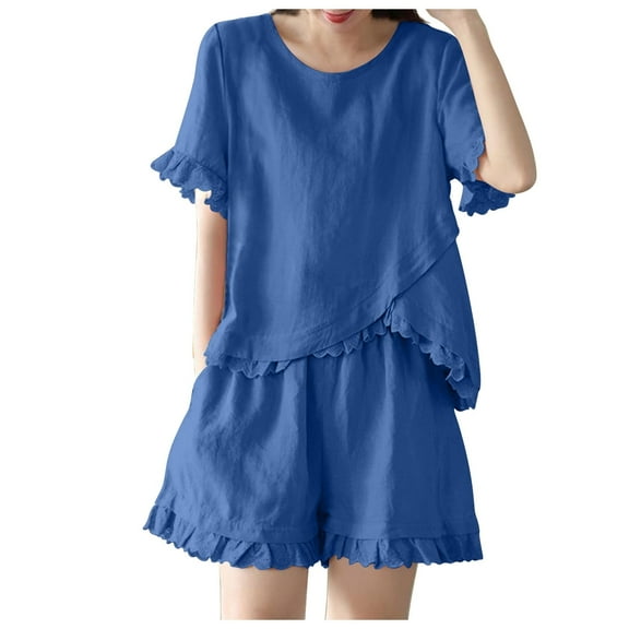 Spring Outfits for Women 2022 Summer Outfits for Women Plus Size Clothing Set Female Round Neck Short Sleeve Tops Pants Sets Cargo Pant Style S_979 Women's Tracksuits Blue 3XL
