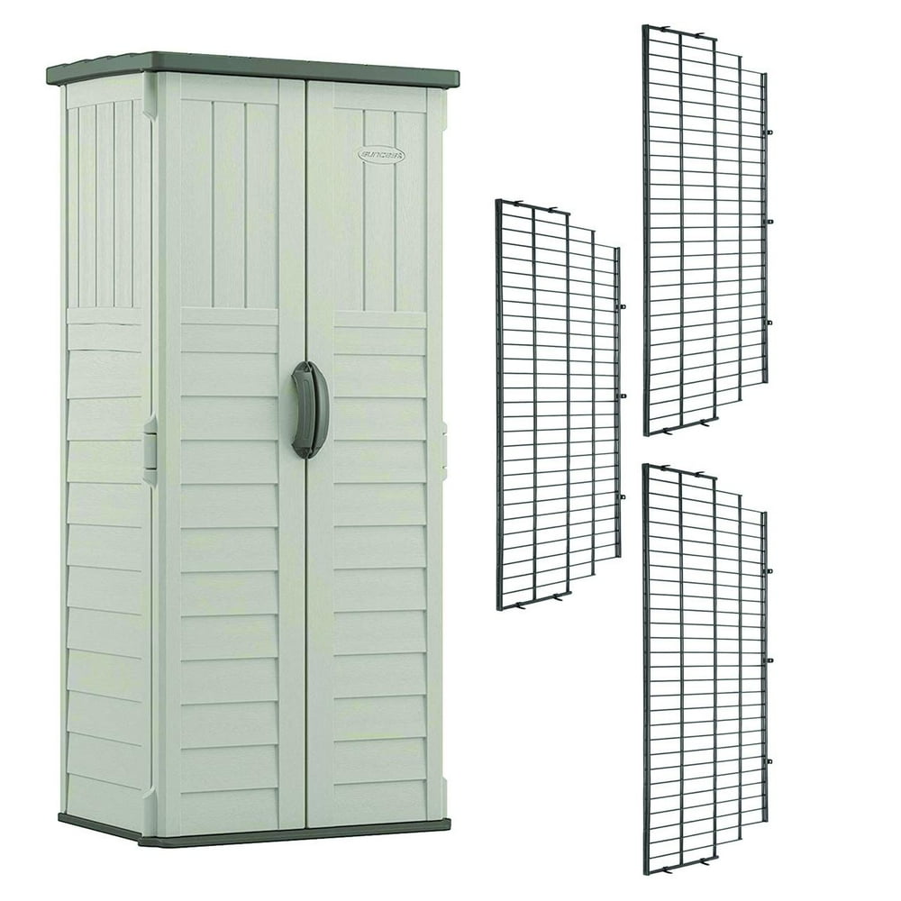 Suncast Vertical Storage Shed Bundled w/ Metal Wire Shelf Rack Shelving