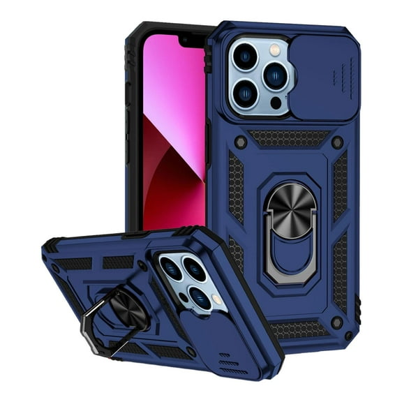 For iPhone 14 - Blue Armoured Case With Ring Holder Stand Camera Shutter