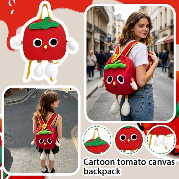 Cute Cartoon Backpack, Kawaii Tomato Canvas Backpack, Casual Everyday Backpack for Teens Kids School Travel