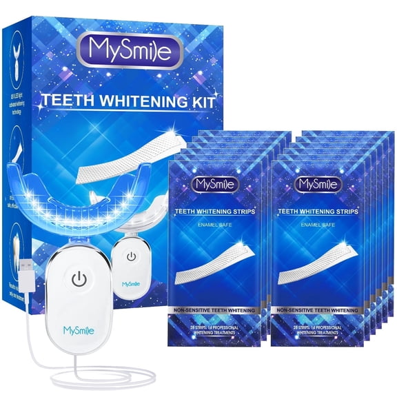 MySmile 8% Hydrogen Peroxide Teeth Whitening Strips with 28-LED Teeth Whitening Kit, Non-Sensitive Teeth White Strips, Enamel Safe & Fast Stain Removal, Tooth Whitener, Mint, 14 Treatments, 28pcs