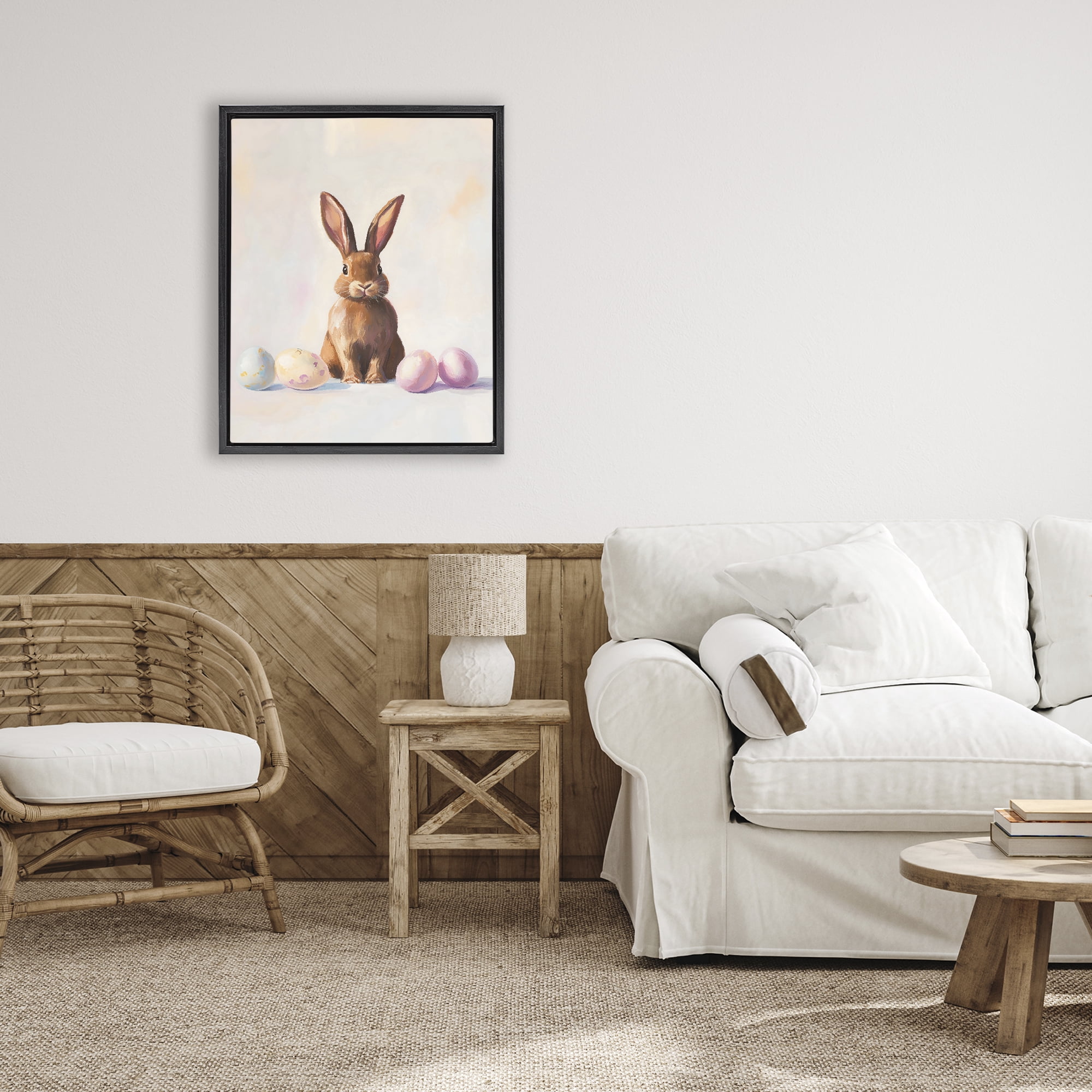 Stupell Industries Easter Bunny with Pastel Eggs Black Framed Floater Canvas Wall Art, design by The Prints Vibe