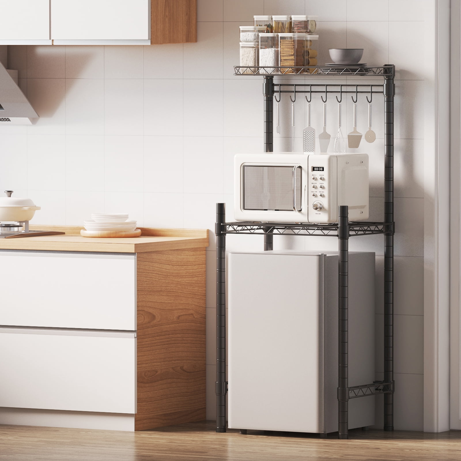 2-Tier Mini Fridge Storage Shelf Mini Fridge & Microwave Stand, Adjustable Metal Organizer Storage Rack with 7Hooks, Multifunctional Bakers Rack Coffee Bar Table for Kitchen Office Dorms Bedroom