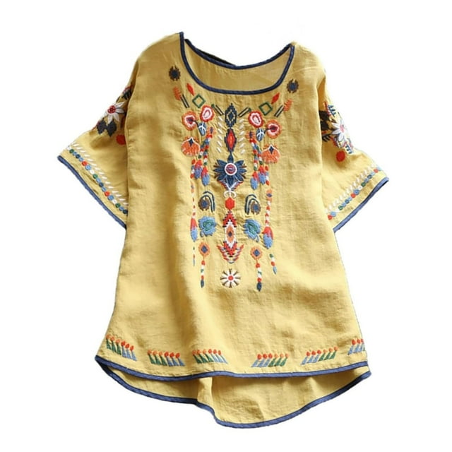 Liquidation Staron Hauts d'Été pour Femmes en Coton et Lin Blouses à Manches Courtes Brodées Grande Taille Col Rond T-Shirt d'Été Chemises Décontractées Habillées Cadeau pour Elle Jaune 3TG