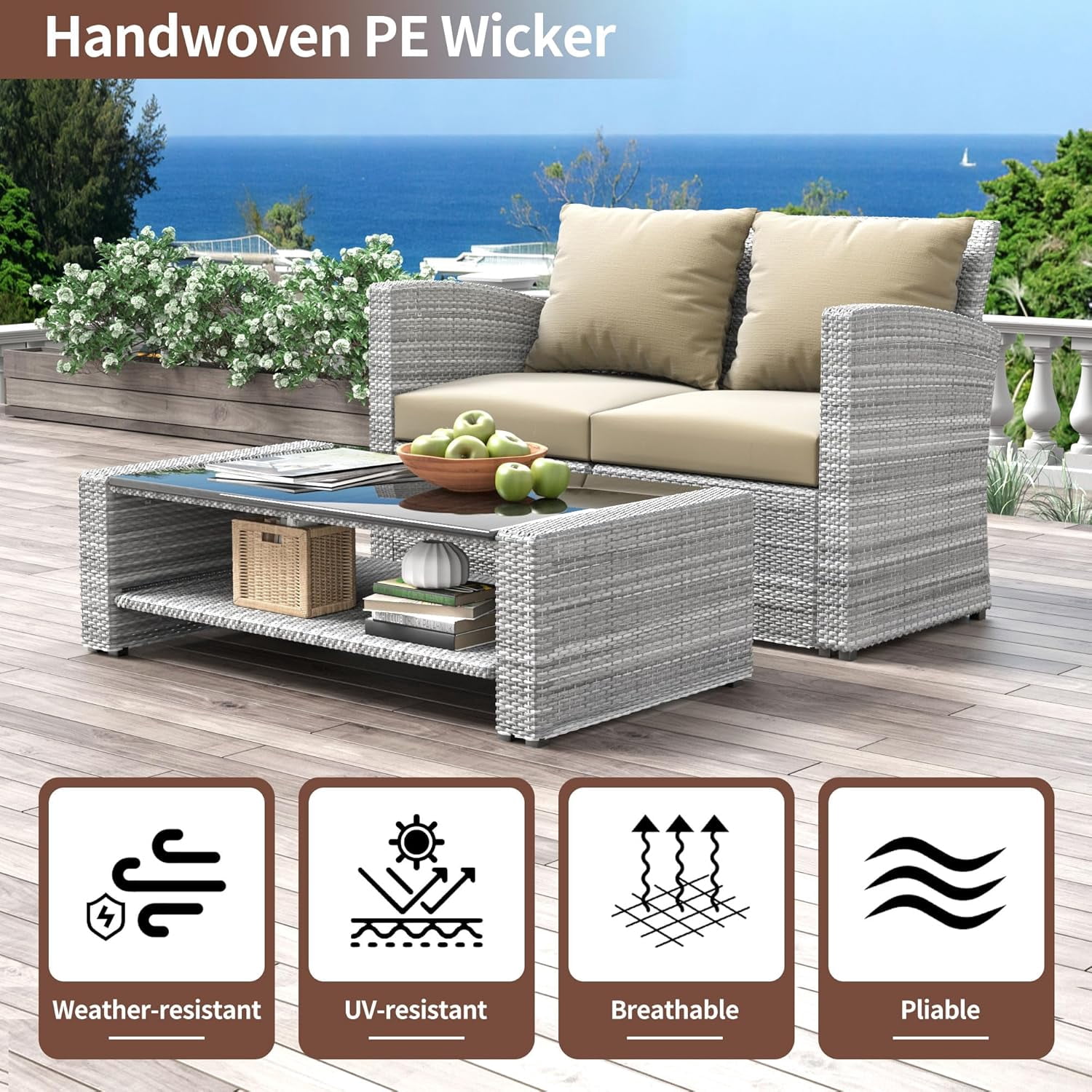 4 Pieces Patio Conversation Set, Outdoor Furniture Set with Cushion, Outside Sectional Rattan Wicker Sofa  Furniture Set for Garden, Porch, Backyard, Khaki