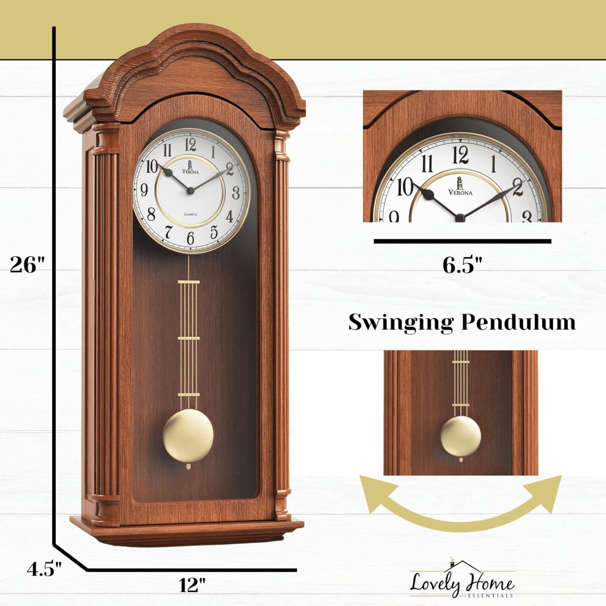 Pendulum Wall Clock Battery Operated - 26 inch Large, Wooden Hanging Grandfather Wall Clock with Pendulum - Quiet, Made with Real Wood for Living Room Decor, Office & Home Décor Gift