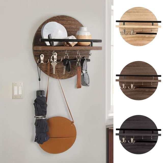 Estantería de pared moderna de madera con ganchos - Organizador redondo para llaves, gafas de sol y decoración | Portaobjetos de madera natural para el salón, pasillo