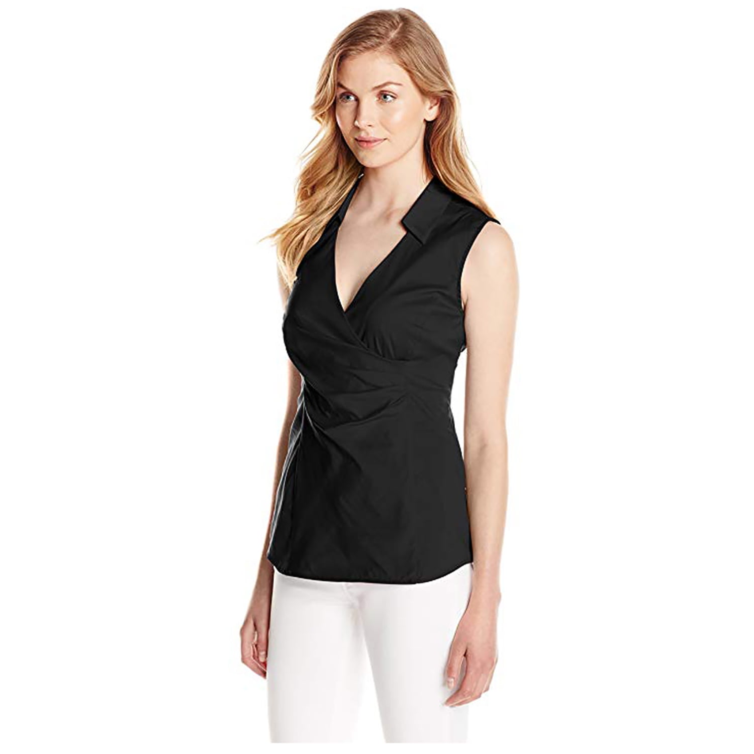 black sleeveless wrap top