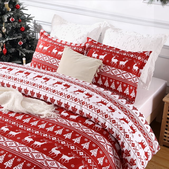 GloryStar Christmas Duvet Cover Twin Size, Reversible Holiday Comforter Set with Reindeer & Tree Print, Soft Microfiber Bedding