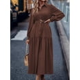 thumbnail image 4 of Chocolate Brown Lantern Sleeve Tiered Hem Belted Shirt Dress Maxi For Women, 4 of 6