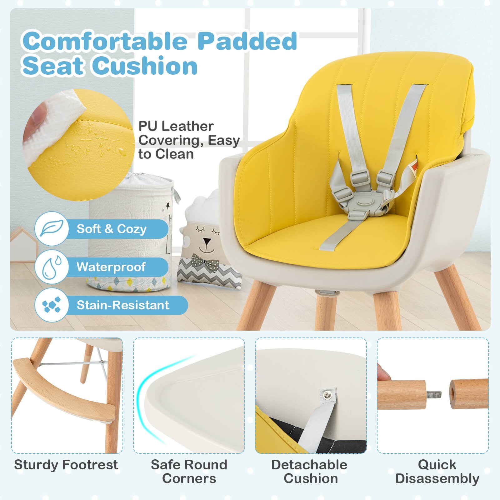 Infans 3 in 1 Convertible Wooden High Chair Baby Toddler w/ Cushion Yellow