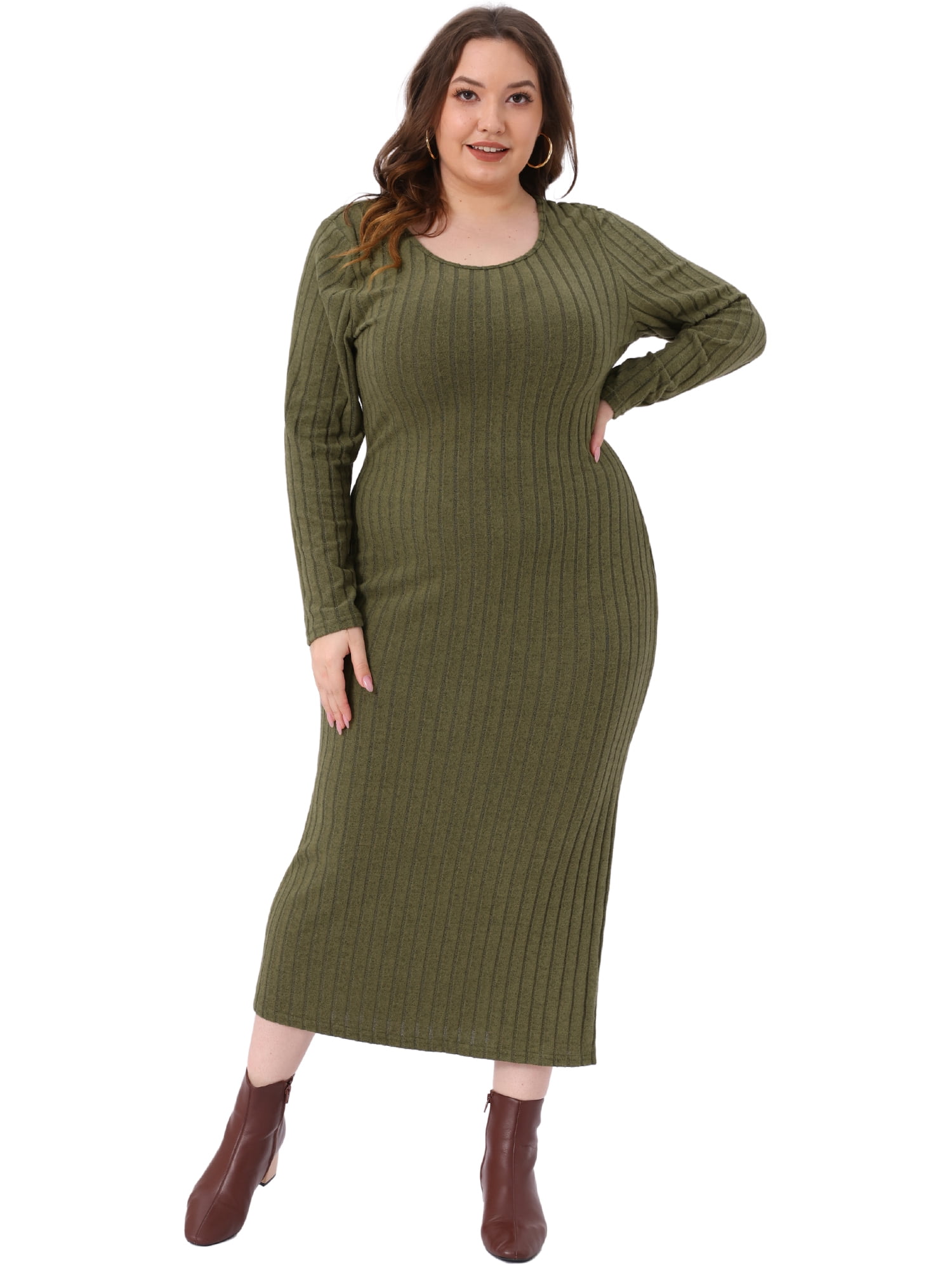 DARING DIVA Women's Plus Size Ribbed Knit Midi Side Slit Dress 4X Army Green