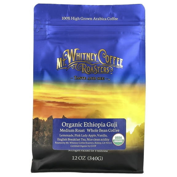Mt. Whitney Coffee Roasters Organic Ethiopia Guji, Whole Bean Coffee, Medium Roast, 12 oz (340 g)