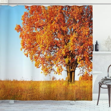 Ambesonne Fall Shower Curtain, Lonely and Oak, 69"Wx70"L, Orange Yellow Pale Blue