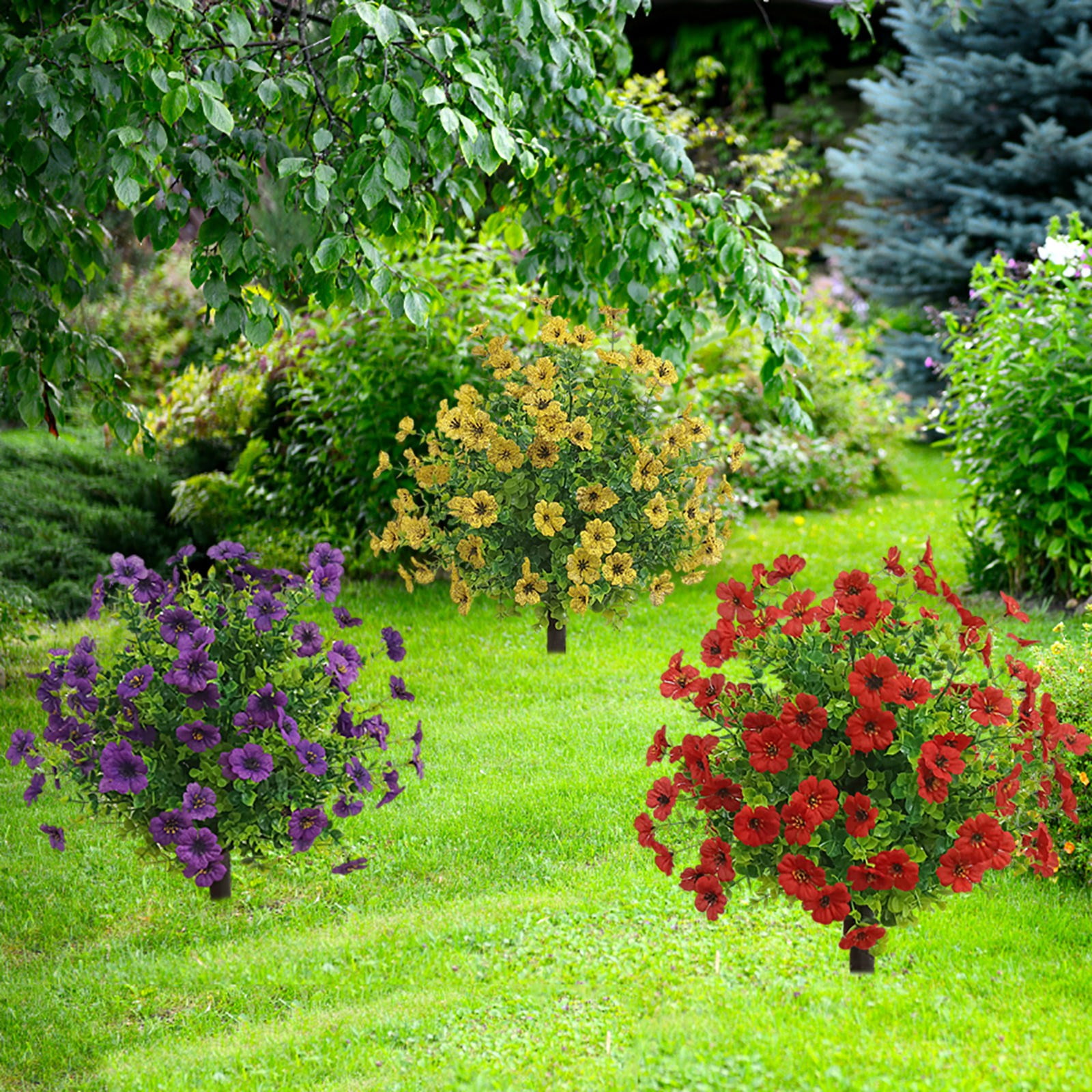 16" Artificial Topiary Ball Trees with Flowers, Outdoor Fake Topiary with Ground Spike,UV Resistant Faux Artificial Plants Bushes for Indoor Outdoor Front Porch Garden Decor