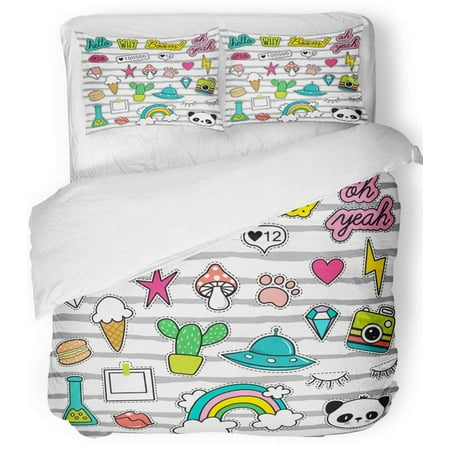 ZHANZZK 3 Piece Bedding Set Summer 80S Pop Design Patches Pins Stickers Badges Collection Donut Space Kids Twin Size Duvet Cover with 2 Pillowcase for Home Bedding Room Decoration