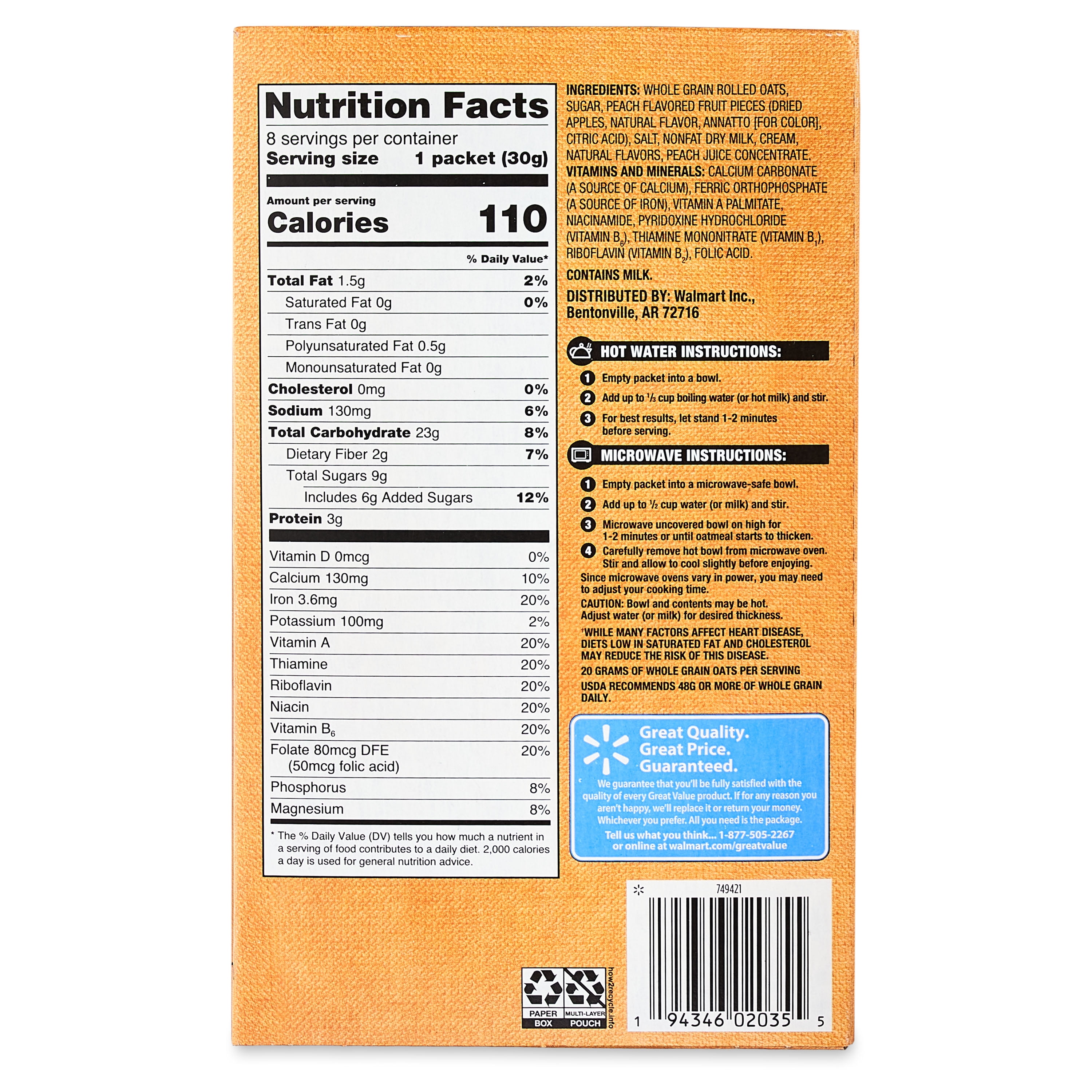 Great Value Peaches & Cream Instant Oatmeal, 1.05 oz, 8 Count
