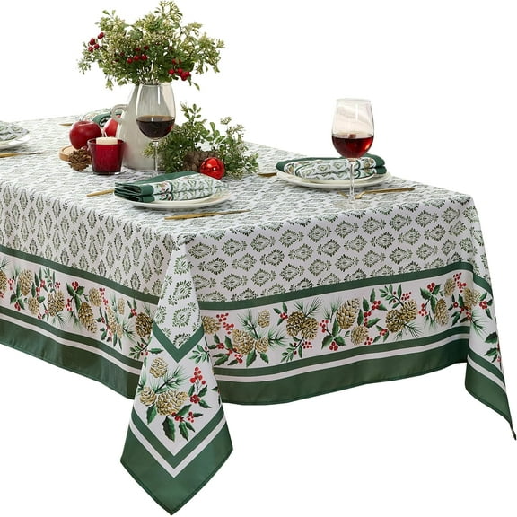 Christmas Holly Pinecone Border 60 x 102 Inch Rectangle Fabric Tablecloth, Holiday Hunter Green Border on White Background Fabric Table Cover for Dinner Party and Banquet