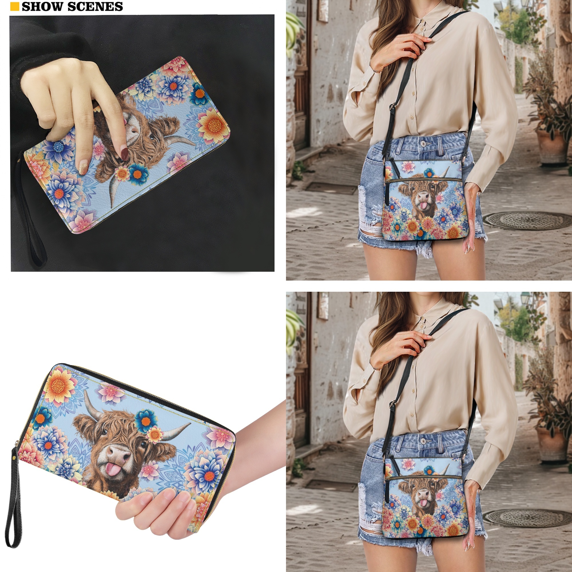 ZUXONGSY Highland Cow Mandala Print Hobo Crossbody Bag Set for Women Lady, Leather Satchel Purse Multi Pocket Crossbody Shoulder Handbag Medium Size Messenger Bag with Adjustable Strap