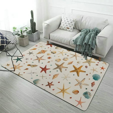 

Washable Area Rug - Living Room Rugs Soft Stain Resistant Non Slip Faux Wool Accent Carpet for Bedroom Dining Room Home Studio Office - Colorful Starfishs Shells - Extra Large
