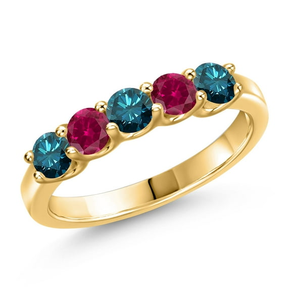 Gem Stone King 18K Yellow Gold Plated Silver Blue Diamond and Red Created Ruby Wedding-Bands Ring for Women | 0.95 Cttw | Round 3.5MM | Gemstone April Birthstone | Size 7