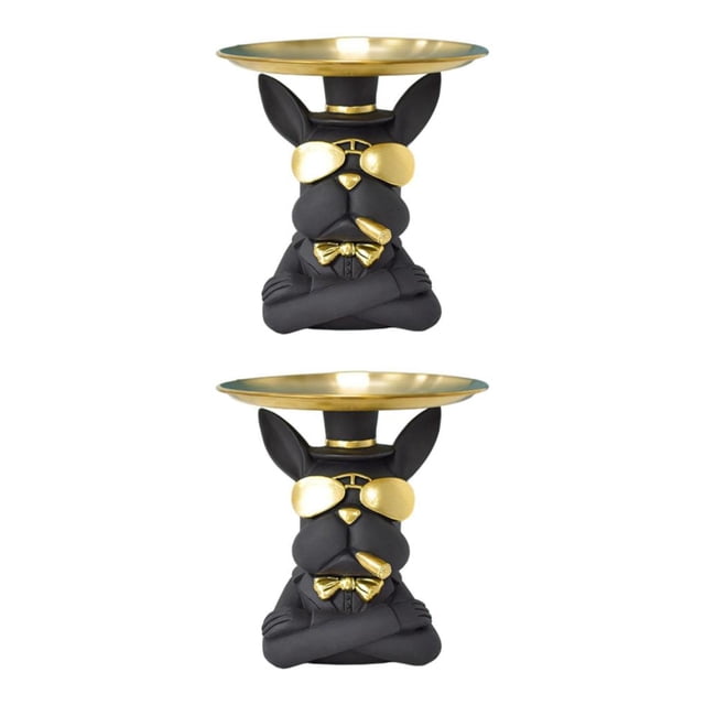 Bewildely Cool Bulldog estatua escritorio misceláneas contenedor perro Animal bandeja decoración del hogar negro Negro 2Conjunto