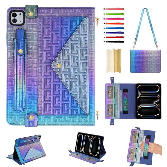 Handbag for iPad Air 11" 2024/Pro 11" 2022/2021/2020/2018/Air4/Air5, Stand PU Leather Protection Cover with Crossbody Strap&Handstrap with elastic, Card Slots Cash Pen Slot Envelope Case, Colorful