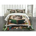 thumbnail image 3 of Ambesonne Cat Quilted Bedspread Set 3 Pcs, Botanical Cozy Concept Bookworm, Queen Size, Green Paprika Beige, 3 of 5