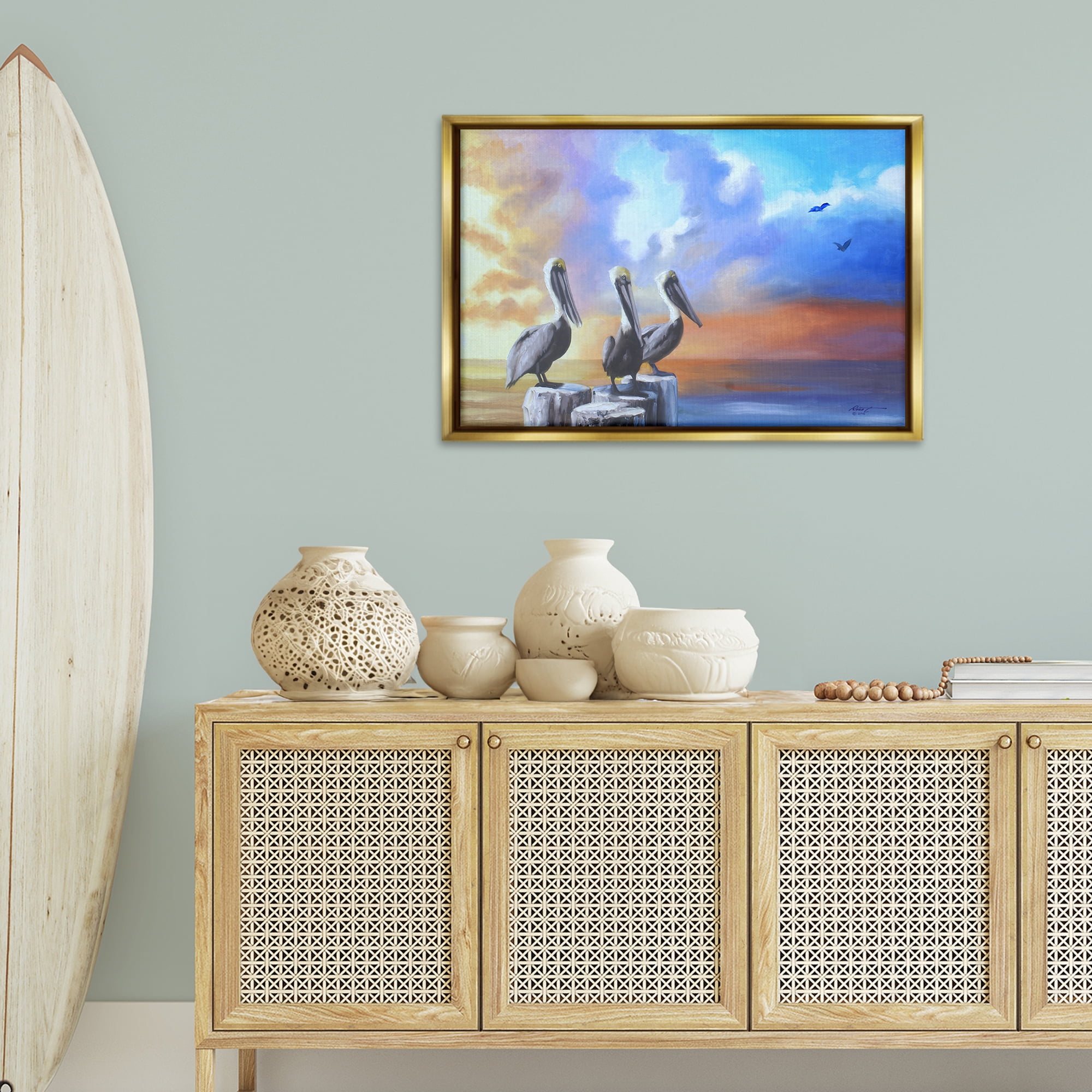 Stupell Industries Vivid Pelican Trio Landscape Painting Gold Floater Framed Canvas Art Print Wall Art, 31 x 21