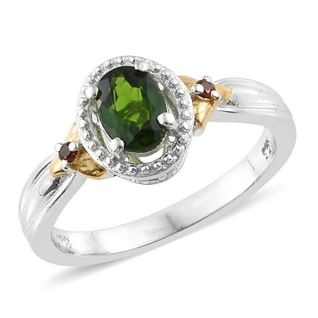 Chrome Plated Nib Ring 925 Sterling Silver Yellow Gold Platinum Plated Oval Chrome Diopside Garnet Statement Ring for Women Cttw 0.7 ()