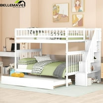Bellemave Full Over Full Stairway Bunk Beds with Trundle, Solid Wood Full Size Bunk Bed with Stairs, Detachable Bunk Bed Can be Converted Into 3 Separate Beds (White)