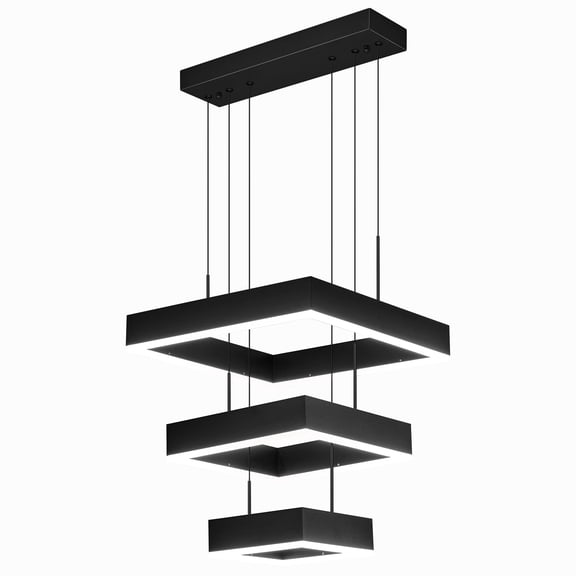Deyidn Modern LED Chandelier 3 Ring Dimmable Square Black Adjustable Pendant Ceiling Light Fixture for Foyer, Dining Room, Bedroom, Living Room
