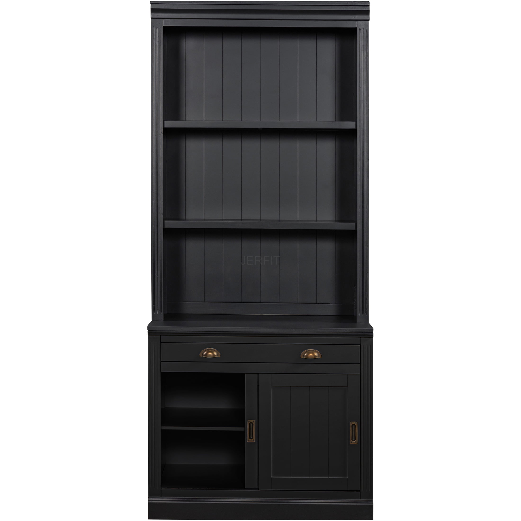 JERFIT 66" Modern Industrial Executive Desk with Qi Wireless Charging, Black Finish, Solid Wood Top for Home Office
