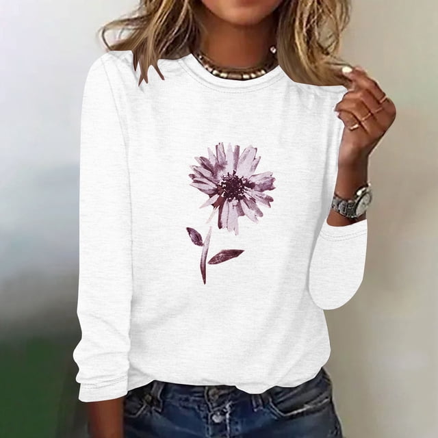 EQWLJWE Chandails à Manches Longues pour Femmes T-Shirt d'Été Mode T-Shirt de Printemps pour Femmes à Manches Longues Imprimé Col Rond T-Shirt Décontracté Hauts Vêtements d'Automne pour Femmes