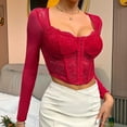 thumbnail image 4 of Corset Top Going Out Outfits for Women Women's Long Sleeve Lace Mesh Crop Top Sexy Corset Slim Fit Square Neck Solid Color Top, 4 of 8