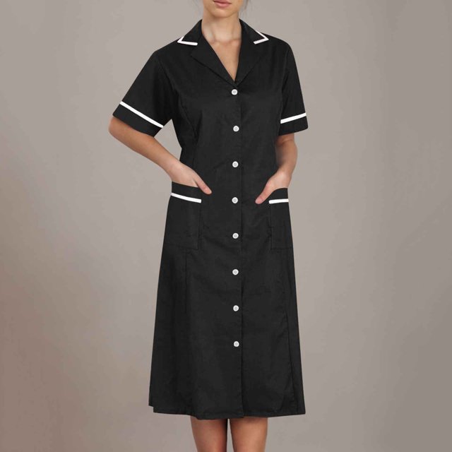 Tidyack,Reduced Price,Nurse Lapel Dress, Solid Color Work Dress, Pockets + Button Splicing, Midi Length, For Healthcare Staff, Professional Work Attire, Cotton Blend, Clean Cut, Daily Uniform