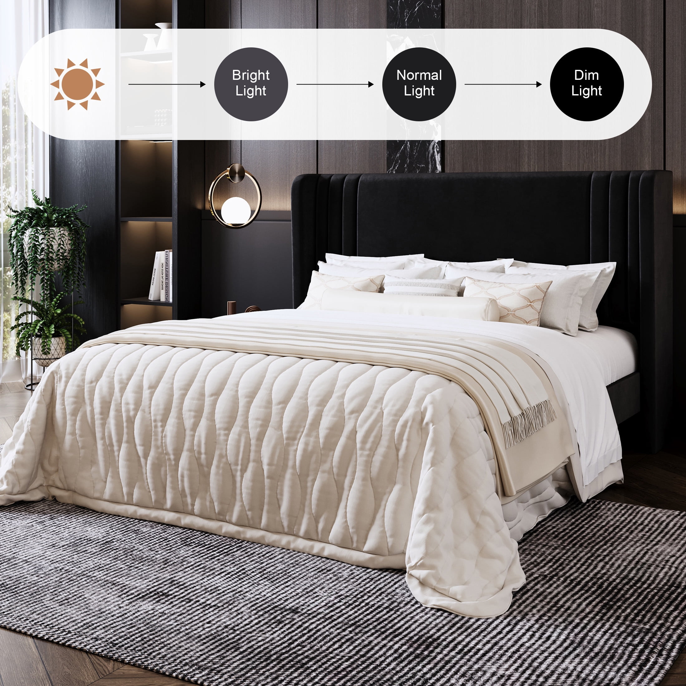 Amolife Queen Size Bed Frame, Velvet Platform Bed with Upholstered Wingback Headboard, No Box Spring Needed, Black