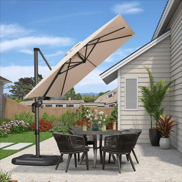 PURPLE LEAF 8x8 Ft Cantilever Umbrella Square Outdoor Patio Umbrella Large Offset Hanging Umbrella Aluminum Umbrella with 360°Rotation Adjustable Garden Pool Umbrella,Beige