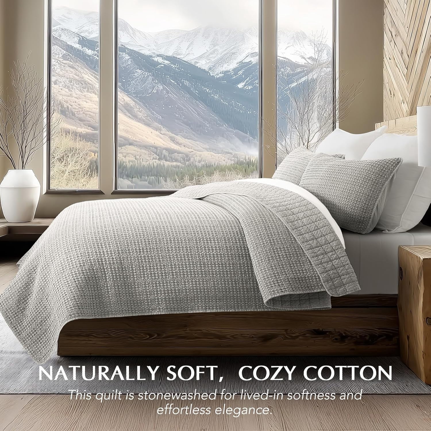 EVERGRACE Stonewashed 100% Natural Cotton Waffle Quilt Set Queen Size 3 Pieces, Durable, Textured & Substantial Bedding, Quilted Coverlet Bedspread with 2 Shams for All Seasons, Misty Gray