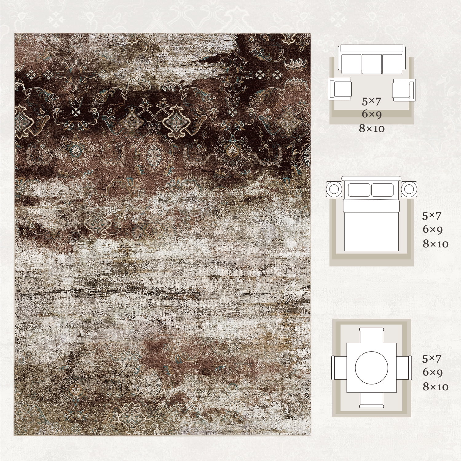 VUNATE 5'x7' Area Rugs for Living Room Machine Washable Rugs Abstract Vintage Distressed Indoor Rug Carpet Soft Lightweight Large Area Rug for Bedroom Dining Room Kitchen Foldable Nonslip Rug Brown