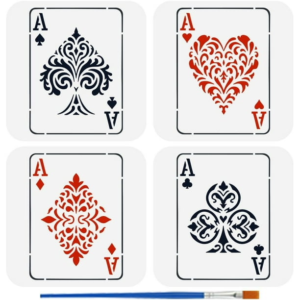Plantilla de plástico de 4 piezas (15 x 15 cm) con los palos de la baraja: corazones, tréboles, diamantes y picas. Ideal para manualidades y decoración del hogar.