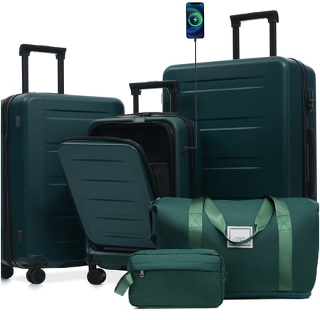 COSMOS Expandable Hardside Suitcase Set 5pc with USB Charger, TSA Lock &; Front Panel, Lightweight ABS Spinner Luggage in Dark Green for Travel