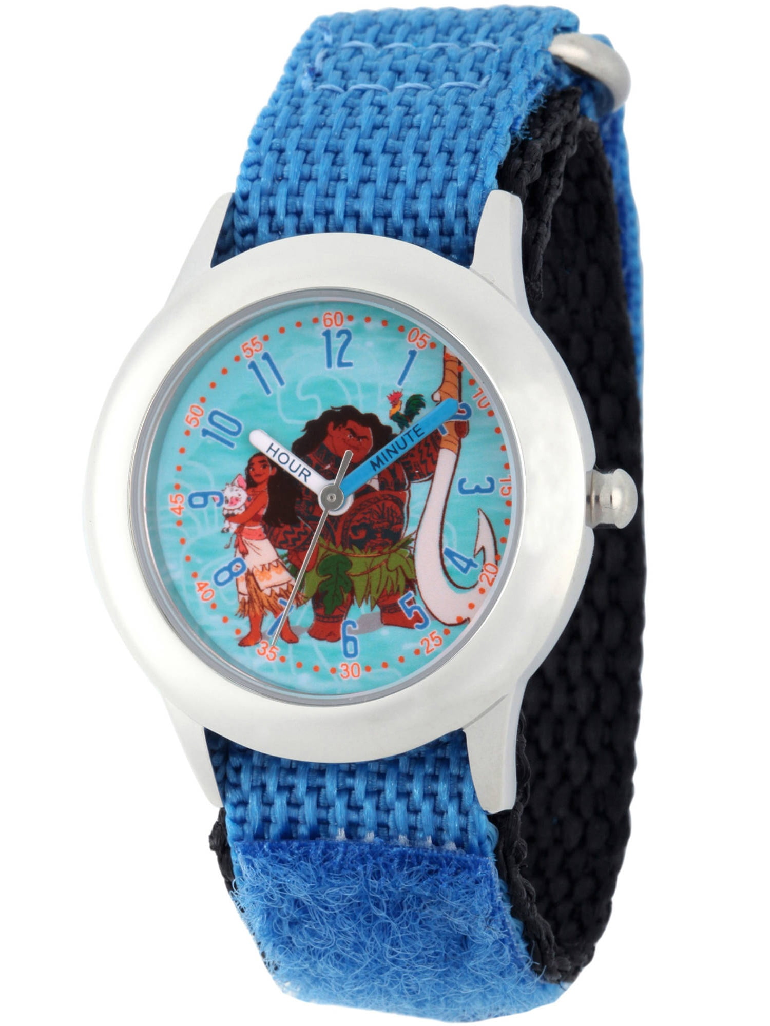 Moana, Pua, Heihei and Maui Boys' Stainless Steel Time Teacher Watch, Blue Hook and Loop Nylon Strap with Black Backing