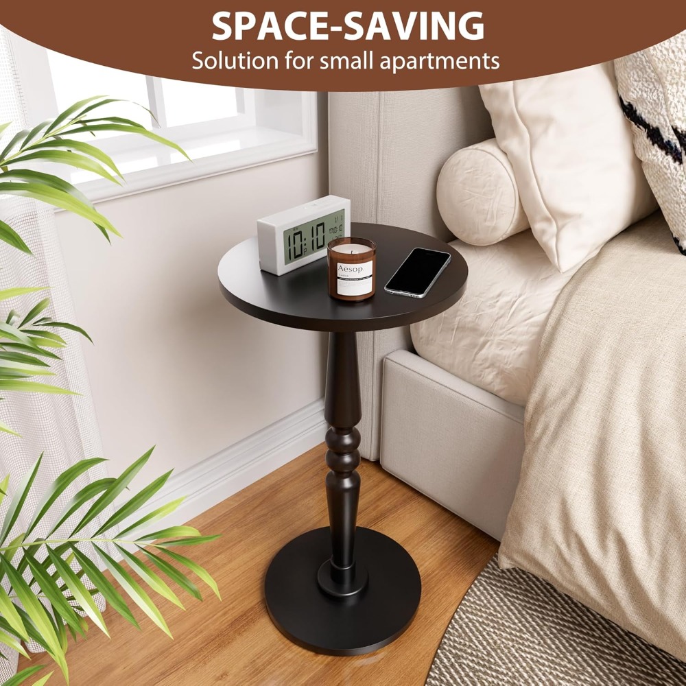 Round Side Table for Livingroom, Bedroom - Small Accent End Table Nightstand with Solid Wood Top and Pedestal Leg - Modern Drink Table for Small Spaces, Corners, Office